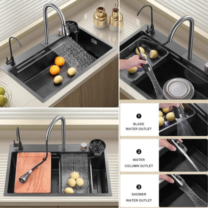EVANEX EVANEX Modular Waterfall Kitchen Sink 24x18x9 Inch, 304 Grade Stainless Steel, Honeycomb Nano Black Matte Integrated Waterfall & Pull-Down Faucet 