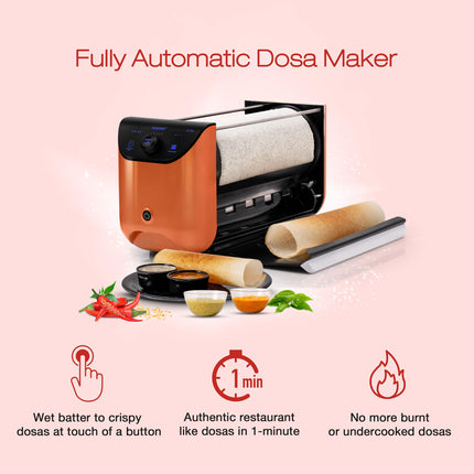 EVOCHEF EC Flip Automatic Dosa Maker, 1-Minute Dosas, 360° Food Grade Coated Roller, Easy Cooking Time & Thickness Control, Touch Controls, Compact & Portable, 1600W, 1 Year Warranty, Golden Beige 