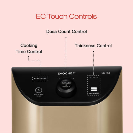 EVOCHEF EC Flip Automatic Dosa Maker, 1-Minute Dosas, 360° Food Grade Coated Roller, Easy Cooking Time & Thickness Control, Touch Controls, Compact & Portable, 1600W, 1 Year Warranty, Golden Beige 