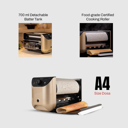 EVOCHEF EC Flip Automatic Dosa Maker, 1-Minute Dosas, 360° Food Grade Coated Roller, Easy Cooking Time & Thickness Control, Touch Controls, Compact & Portable, 1600W, 1 Year Warranty, Golden Beige 
