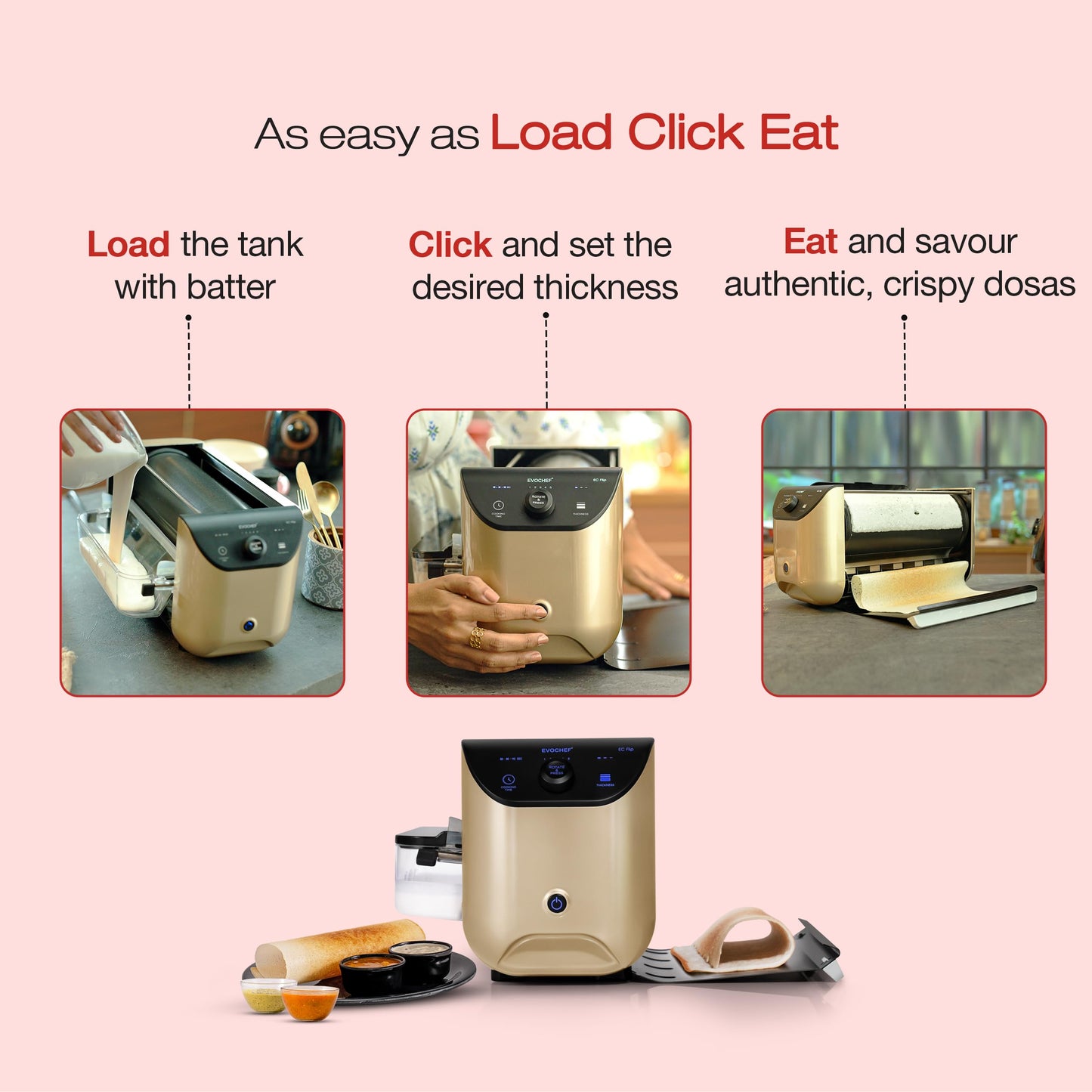 EVOCHEF EC Flip Automatic Dosa Maker, 1-Minute Dosas, 360° Food Grade Coated Roller, Easy Cooking Time & Thickness Control, Touch Controls, Compact & Portable, 1600W, 1 Year Warranty, Golden Beige 