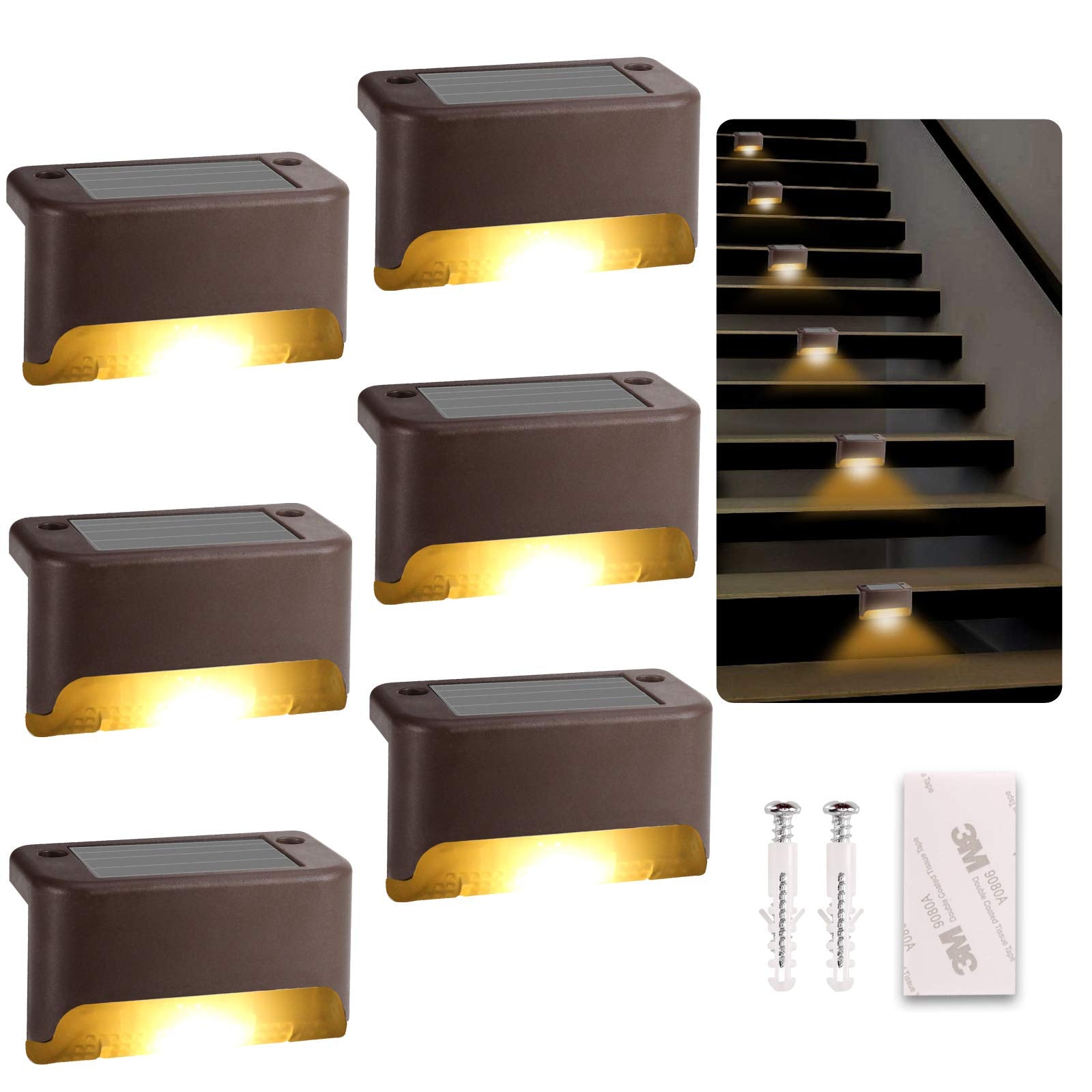 Ecurfu Solar Deck Lights Outdoor, 6 Pack Led Solar Step Light ABS Waterproof for Outdoor Deck, Stairs, Fence, Yard, Patio, Path and Driveway (Warm White) 