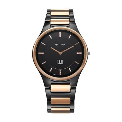 Edge Titan Ceramic Dress Watch Diamonds Quartz Analog Black Dial Two Tone Strap 