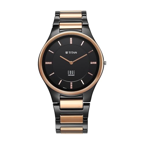 Edge Titan Ceramic Dress Watch Diamonds Quartz Analog Black Dial Two Tone Strap 