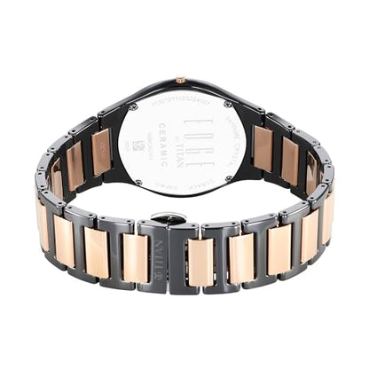 Edge Titan Ceramic Dress Watch Diamonds Quartz Analog Black Dial Two Tone Strap 