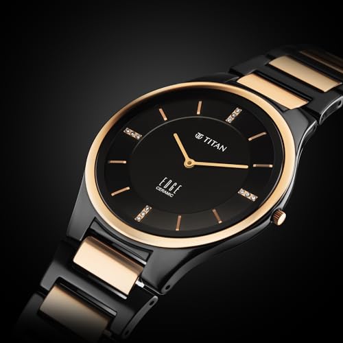 Edge Titan Ceramic Dress Watch Diamonds Quartz Analog Black Dial Two Tone Strap 