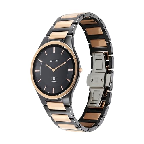 Edge Titan Ceramic Dress Watch Diamonds Quartz Analog Black Dial Two Tone Strap 