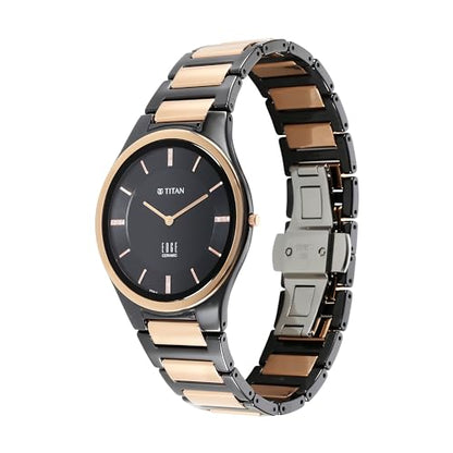 Edge Titan Ceramic Dress Watch Diamonds Quartz Analog Black Dial Two Tone Strap 