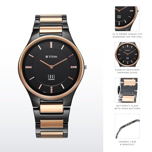 Edge Titan Ceramic Dress Watch Diamonds Quartz Analog Black Dial Two Tone Strap 