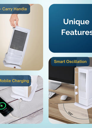 Ekvira High Speed Fan | High-Speed, Small, Compact, Portable 120° Wide Oscillation for Home, Kitchen, Office |1.2ft Height | Without Water | Includes USB Mobile Charger -White 