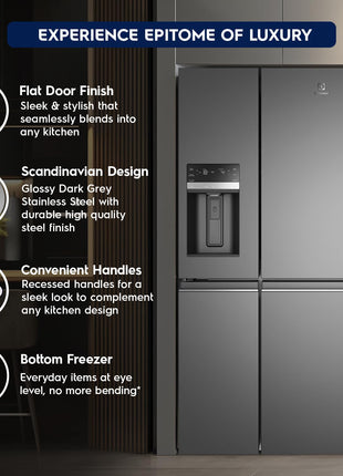 Electrolux 680L Frost Free Inverter French Door Refrigerator, TasteSealFlex, TwinTech Cooling System, Glossy Dark Grey Stainless Steel, UltimateTaste 900, EQE6879A-B 