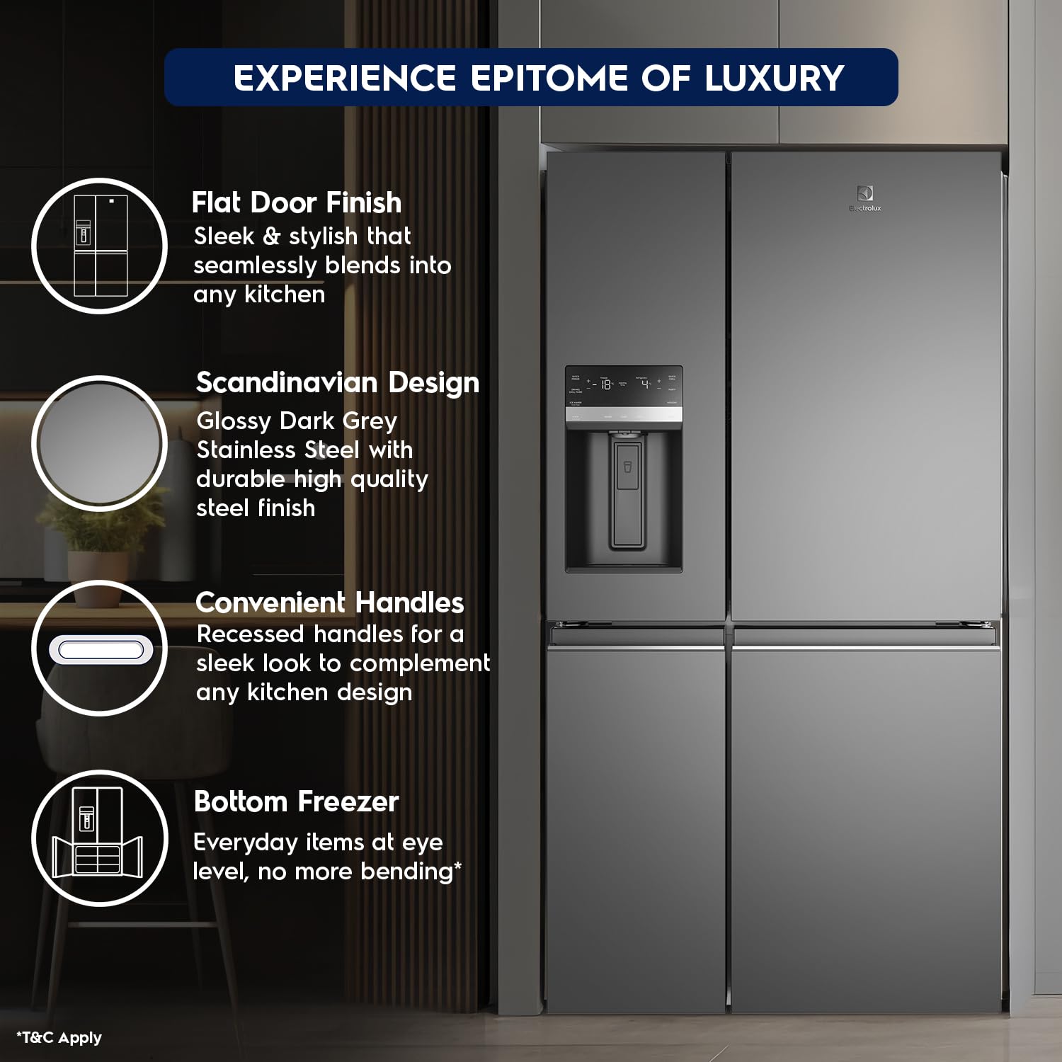 Electrolux 680L Frost Free Inverter French Door Refrigerator, TasteSealFlex, TwinTech Cooling System, Glossy Dark Grey Stainless Steel, UltimateTaste 900, EQE6879A-B 