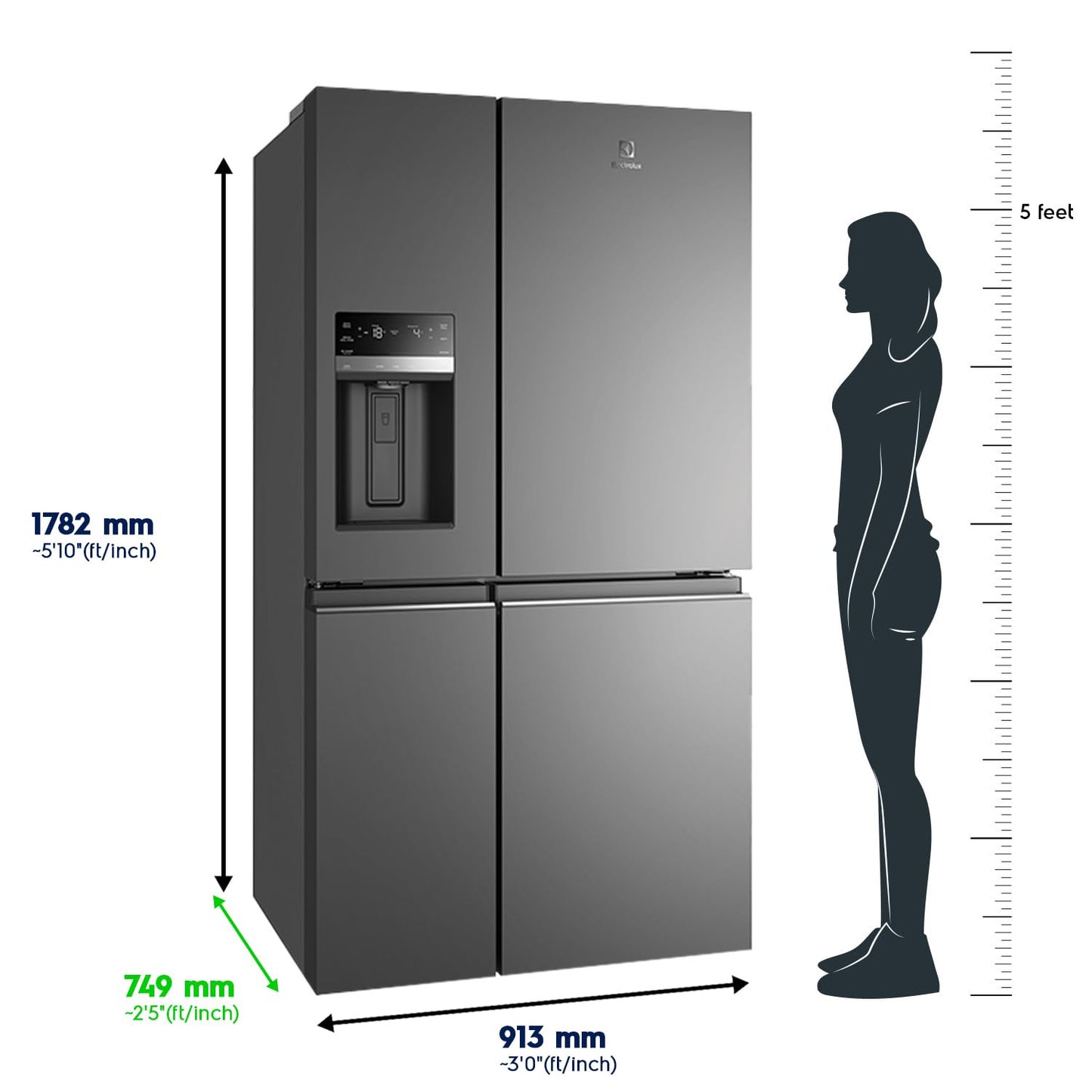 Electrolux 680L Frost Free Inverter French Door Refrigerator, TasteSealFlex, TwinTech Cooling System, Glossy Dark Grey Stainless Steel, UltimateTaste 900, EQE6879A-B 