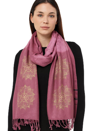 Elegant Women's Shawl with Gold Mandala Pattern, Mauve Pink Pashmina Wrap, Tasseled Scarf with Floral Embroidery 