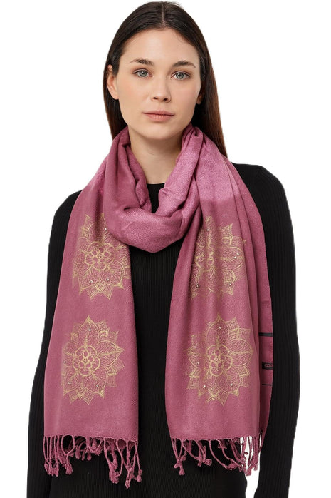 Elegant Women's Shawl with Gold Mandala Pattern, Mauve Pink Pashmina Wrap, Tasseled Scarf with Floral Embroidery 