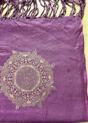 Elegant Women's Shawl with Gold Mandala Pattern, Mauve Pink Pashmina Wrap, Tasseled Scarf with Floral Embroidery 