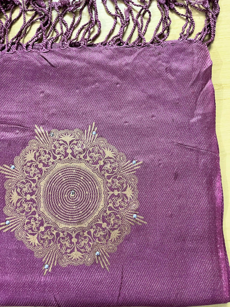 Elegant Women's Shawl with Gold Mandala Pattern, Mauve Pink Pashmina Wrap, Tasseled Scarf with Floral Embroidery 
