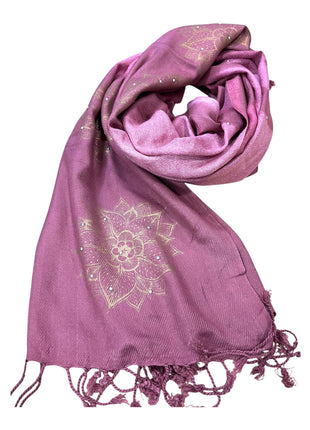 Elegant Women's Shawl with Gold Mandala Pattern, Mauve Pink Pashmina Wrap, Tasseled Scarf with Floral Embroidery 