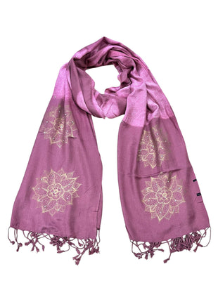 Elegant Women's Shawl with Gold Mandala Pattern, Mauve Pink Pashmina Wrap, Tasseled Scarf with Floral Embroidery 