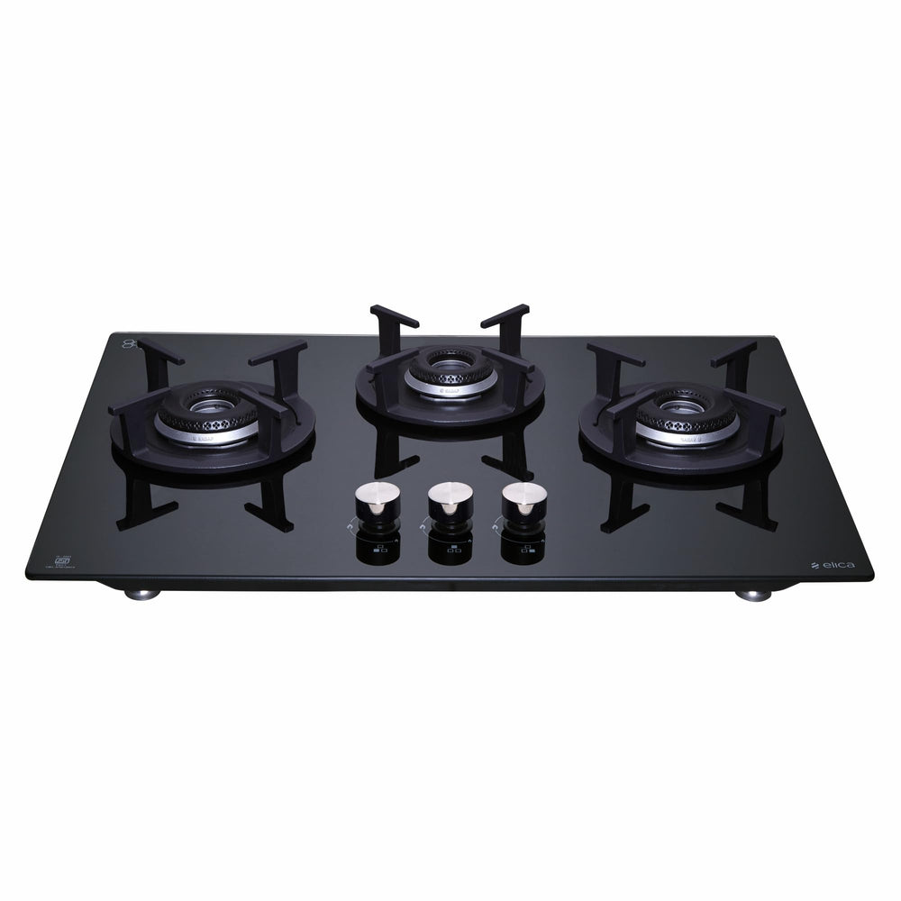 Elica 60cm 3 Burner Auto Ignition Hob | RG FLEXI HCT 360 DX LOTUS BK | Italian Sabaf Burners & Valves | Cast Iron Pan Support | Scratch-Resistant Black Glass | 2 Yr Warranty price under 20000