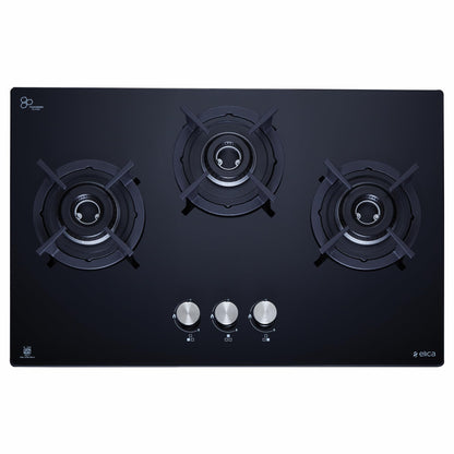 Elica 60cm 3 Burner Auto Ignition Hob | RG FLEXI HCT 360 DX LOTUS BK | Italian Sabaf Burners & Valves | Cast Iron Pan Support | Scratch-Resistant Black Glass | 2 Yr Warranty 