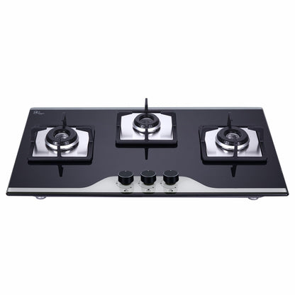 Elica 75cm 3 Burner Auto Ignition Hob | FLEXI HCT 375 DX LOTUS BK DUAL TONE | SABAF Burners | Cast Iron Pan Support | Dual Tone 8mm Toughened Glass | 5-Year Glass & Valve Warranty | Black 