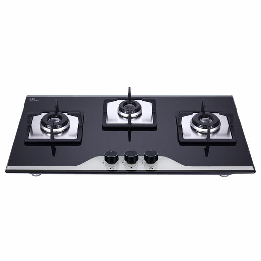 Elica 75cm 3 Burner Auto Ignition Hob | FLEXI HCT 375 DX LOTUS BK DUAL TONE | SABAF Burners | Cast Iron Pan Support | Dual Tone 8mm Toughened Glass | 5-Year Glass & Valve Warranty | Black 