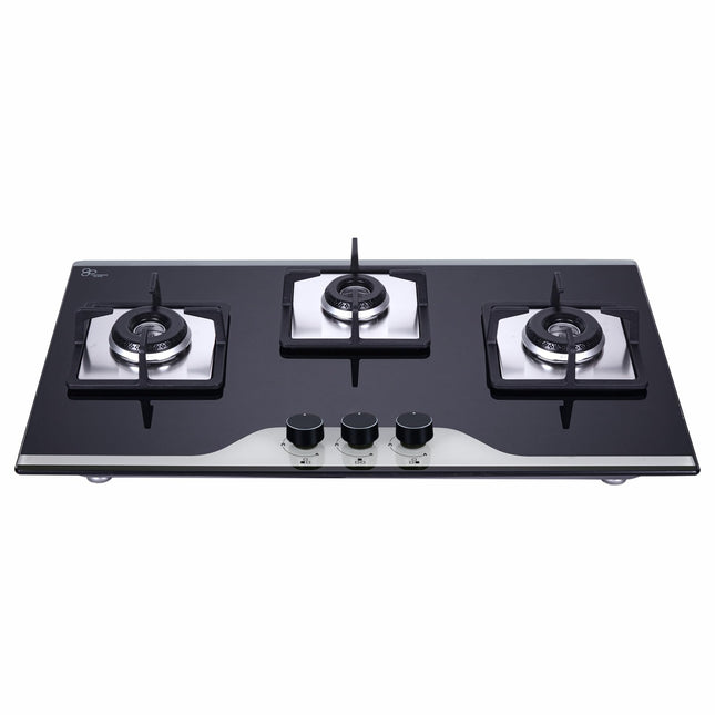 Elica 75cm 3 Burner Auto Ignition Hob | FLEXI HCT 375 DX LOTUS BK DUAL TONE | SABAF Burners | Cast Iron Pan Support | Dual Tone 8mm Toughened Glass | 5-Year Glass & Valve Warranty | Black 