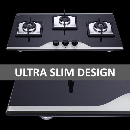 Elica 75cm 3 Burner Auto Ignition Hob | FLEXI HCT 375 DX LOTUS BK DUAL TONE | SABAF Burners | Cast Iron Pan Support | Dual Tone 8mm Toughened Glass | 5-Year Glass & Valve Warranty | Black 