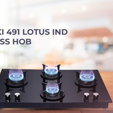 Elica 90cm 4 Burner Gas Hob | RG FLEXI 491 Lotus IND HD Brass | Built-in & Freestanding | Cast Iron Pan Support | Black Glass Finish | 10-Year Burner Warranty, 5-Year Glass & Valve Warranty 