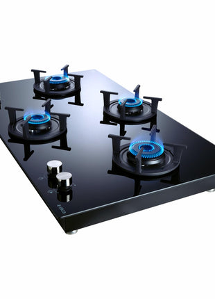 Elica 90cm 4 Burner Gas Hob | RG FLEXI 491 Lotus IND HD Brass | Built-in & Freestanding | Cast Iron Pan Support | Black Glass Finish | 10-Year Burner Warranty, 5-Year Glass & Valve Warranty 