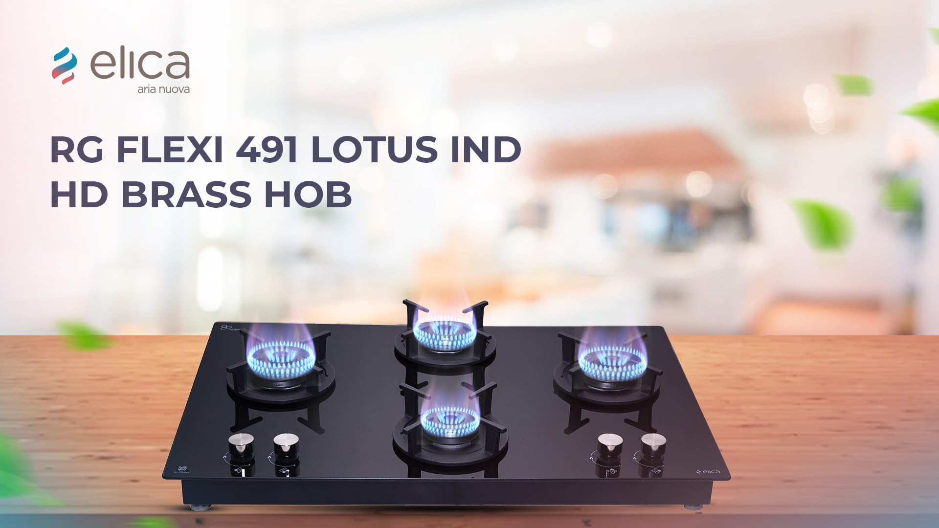 Elica 90cm 4 Burner Gas Hob | RG FLEXI 491 Lotus IND HD Brass | Built-in & Freestanding | Cast Iron Pan Support | Black Glass Finish | 10-Year Burner Warranty, 5-Year Glass & Valve Warranty 