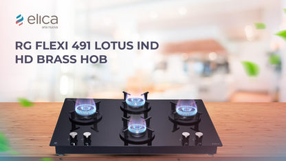Elica 90cm 4 Burner Gas Hob | RG FLEXI 491 Lotus IND HD Brass | Built-in & Freestanding | Cast Iron Pan Support | Black Glass Finish | 10-Year Burner Warranty, 5-Year Glass & Valve Warranty 