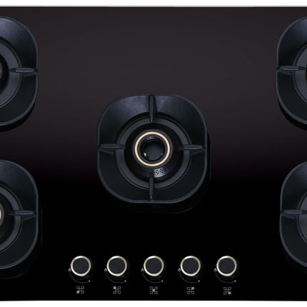 Elica 90cm 5 Burner Auto Ignition Hob | CROWN FLEXI 590 LOTUS IND HD BRASS | SABAF Triple Ring Brass Burners | 8mm Toughened Glass | Windshield Grid | 10-Year Burner Warranty 