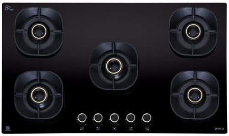 Elica 90cm 5 Burner Auto Ignition Hob | CROWN FLEXI 590 LOTUS IND HD BRASS | SABAF Triple Ring Brass Burners | 8mm Toughened Glass | Windshield Grid | 10-Year Burner Warranty 