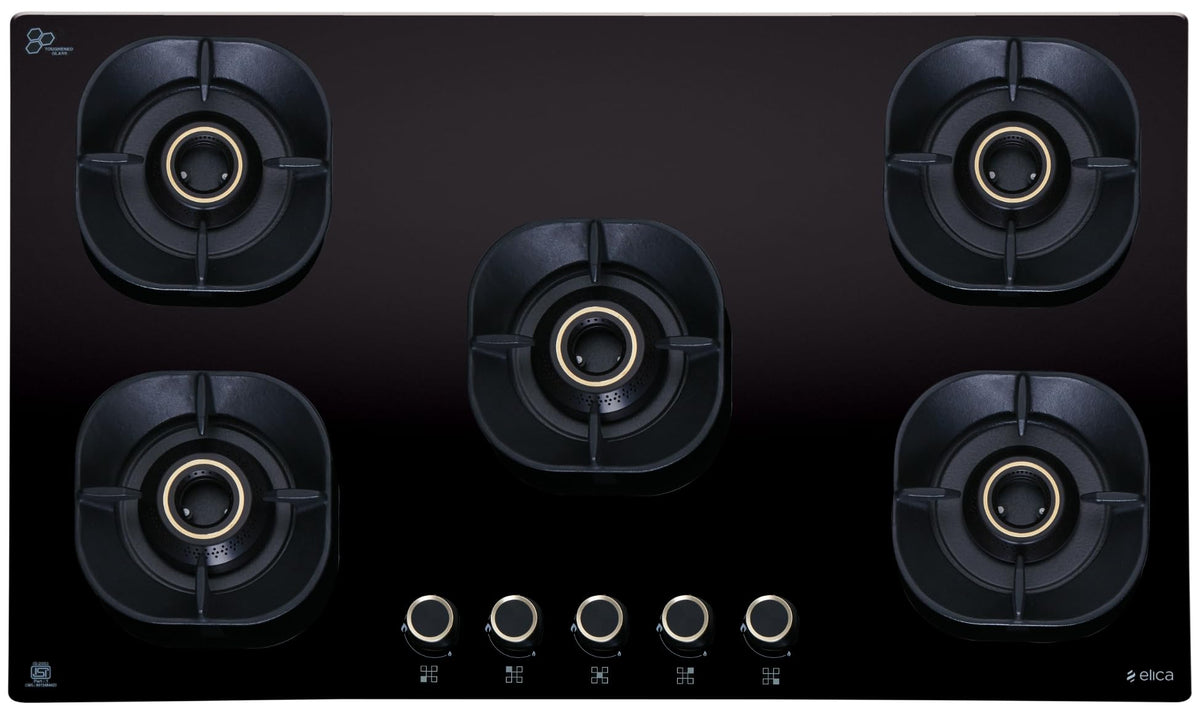 Elica 90cm 5 Burner Auto Ignition Hob | CROWN FLEXI 590 LOTUS IND HD BRASS | SABAF Triple Ring Brass Burners | 8mm Toughened Glass | Windshield Grid | 10-Year Burner Warranty 