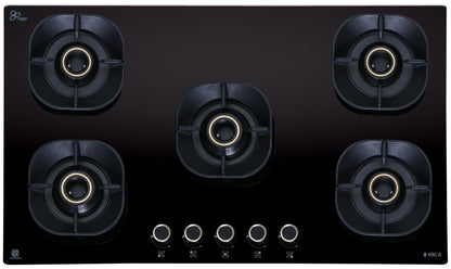Elica 90cm 5 Burner Auto Ignition Hob | CROWN FLEXI 590 LOTUS IND HD BRASS | SABAF Triple Ring Brass Burners | 8mm Toughened Glass | Windshield Grid | 10-Year Burner Warranty 