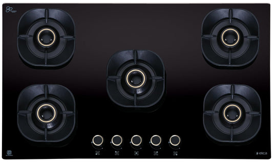 Elica 90cm 5 Burner Auto Ignition Hob | CROWN FLEXI 590 LOTUS IND HD BRASS | SABAF Triple Ring Brass Burners | 8mm Toughened Glass | Windshield Grid | 10-Year Burner Warranty 