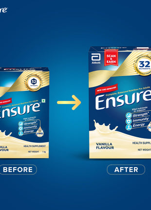 Ensure Complete, Balanced Nutrition Drink For Adults 1kg, Vanilla Flavour, Now With A Special Ingredient HMB And 32 Essential Nutrients To Help Build & Protect Muscle Strength (Pack of 2) 