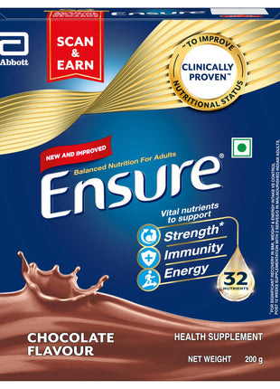 Ensure Complete, Balanced Nutrition Drink For Adults 200g, Chocolate Flavour, Now With A Special Ingredient HMB And 32 Essential Nutrients To Help Build & Protect Muscle Strength 