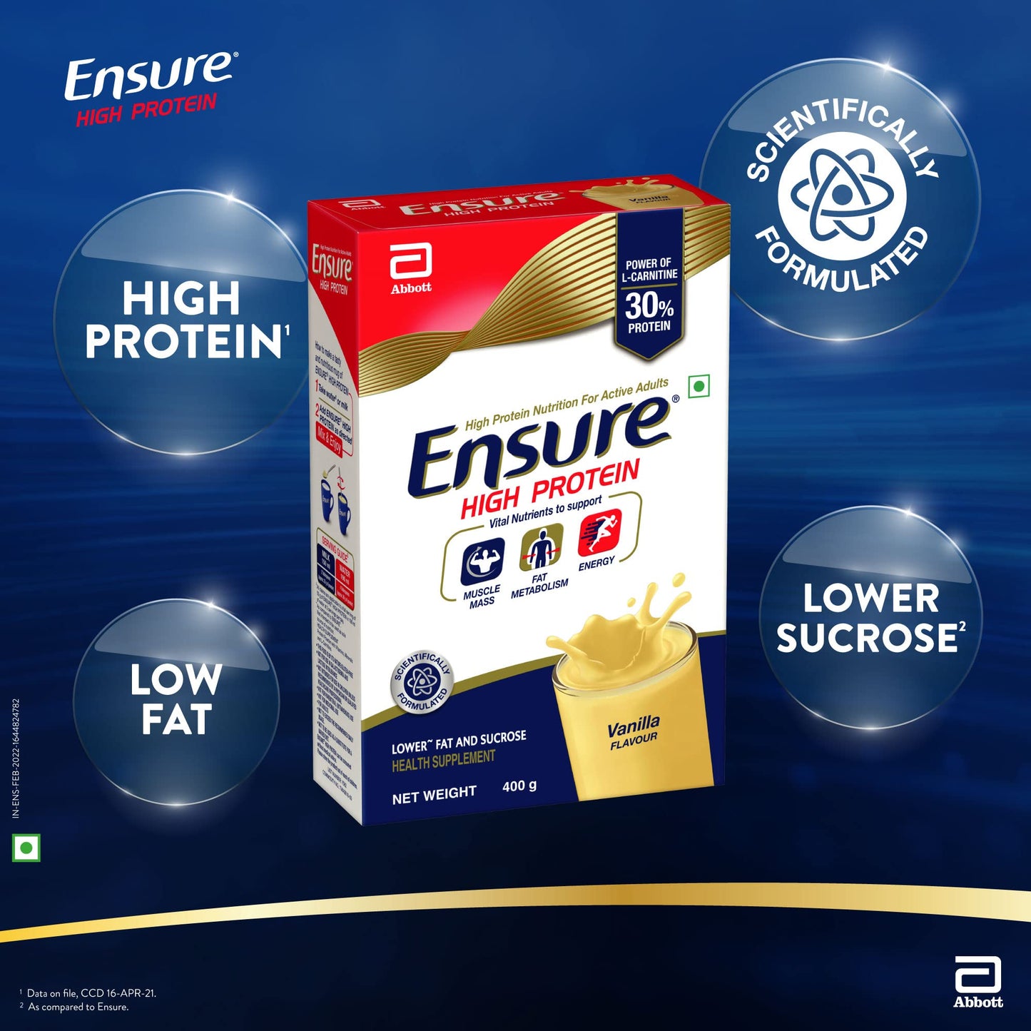 Ensure High Protein Drink for Physically Active Adults - Vanilla 400g, Red 