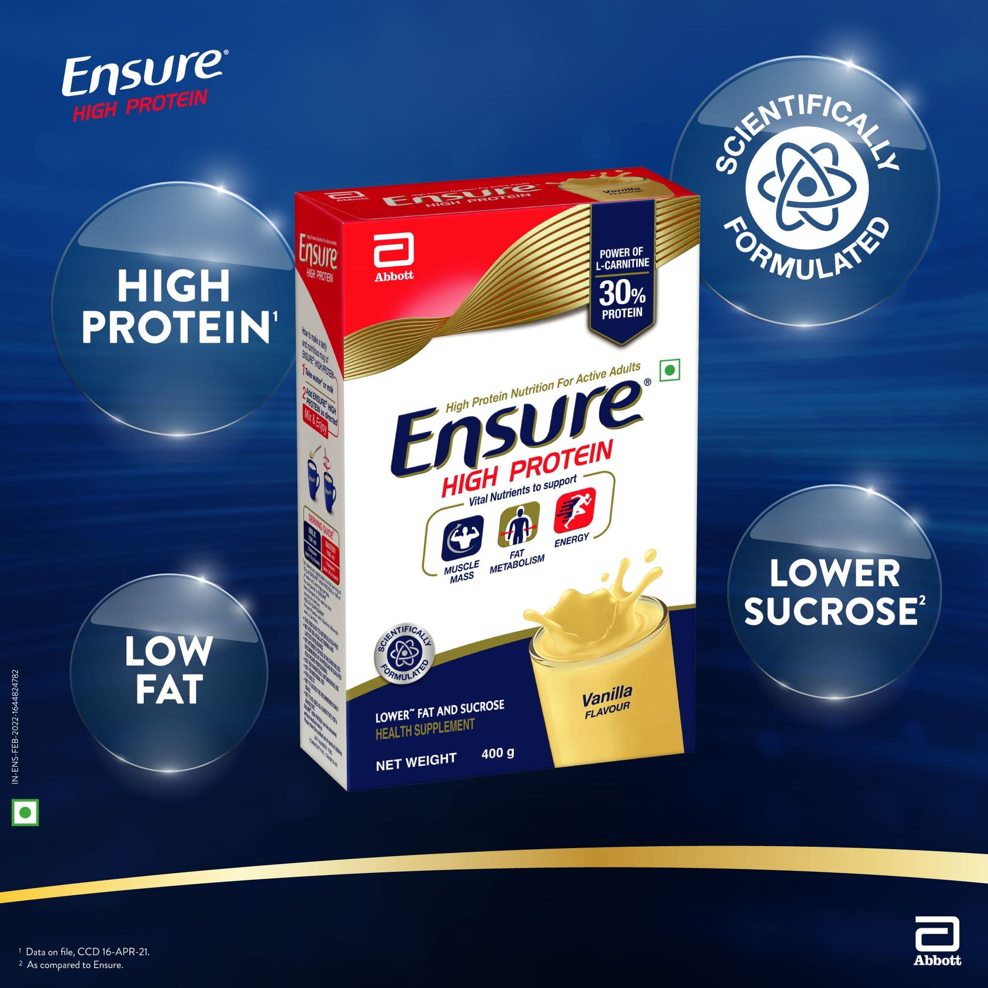 Ensure High Protein Drink for Physically Active Adults - Vanilla 400g, Red 