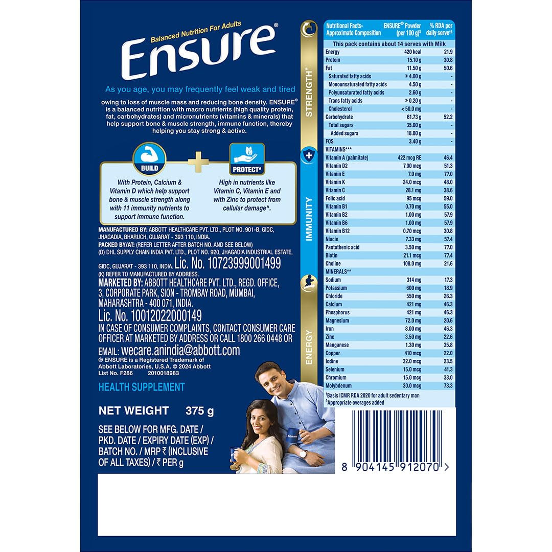 Ensure No 1 Nutritional Supplement Drink in the world|32 nutrients High Protein,Calcium,Vit D|Chocolate 375g 