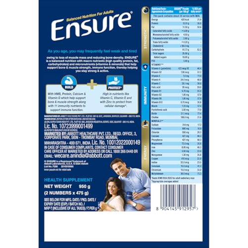 Ensure No 1 Nutritional Supplement Drink in the world, 32 nutrients High Protein,Calcium,Vit D, Chocolate 950g 