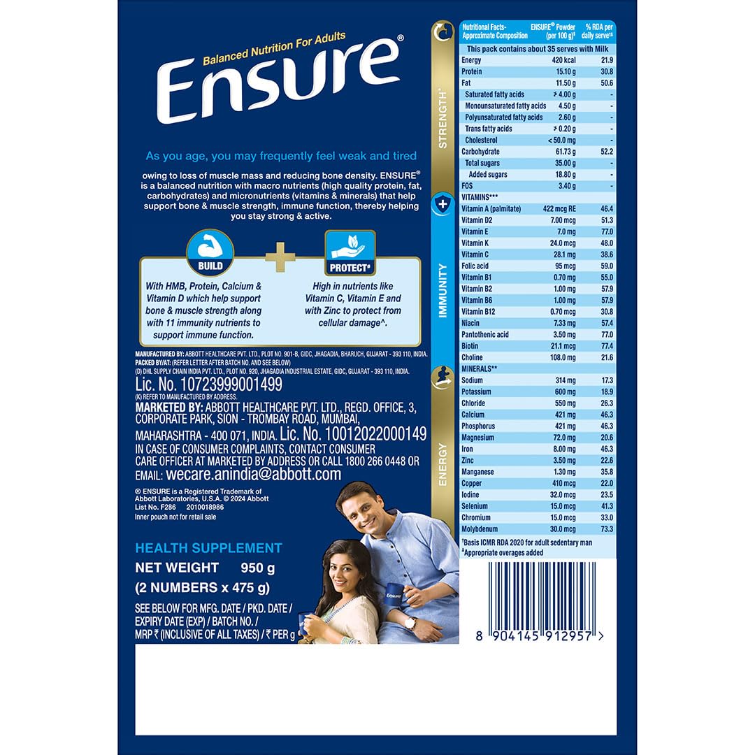 Ensure No 1 Nutritional Supplement Drink in the world, 32 nutrients High Protein,Calcium,Vit D, Chocolate 950g 