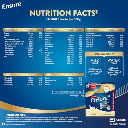 Ensure No 1 Nutritional Supplement Drink in the world 32 nutrients High Protein,Calcium,Vit D, Vanilla 1.9kg 