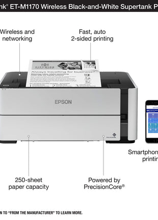 Epson Ecotank Wireless Monochrome Supertank Printer (M1170), White 