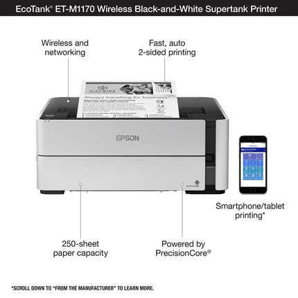 Epson Ecotank Wireless Monochrome Supertank Printer (M1170), White 