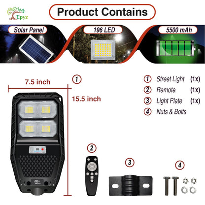 Epyz 50Watt Solar Street Light Outdoor Waterproof with Remote 196 LEDs Motion Sensor Light and Dusk to Dawn for Garden,Street,Lawn [ with Out Pole ] [ Pack of 1,Cold White ] 