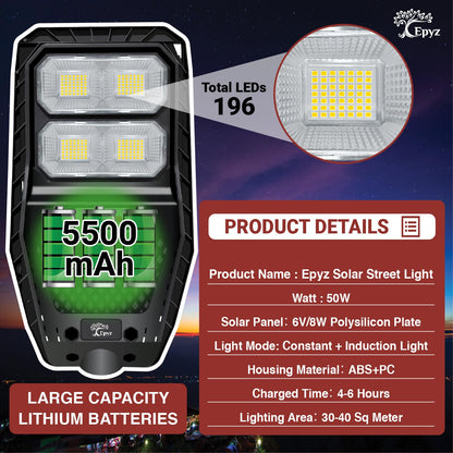 Epyz 50Watt Solar Street Light Outdoor Waterproof with Remote 196 LEDs Motion Sensor Light and Dusk to Dawn for Garden,Street,Lawn [ with Out Pole ] [ Pack of 1,Cold White ] 